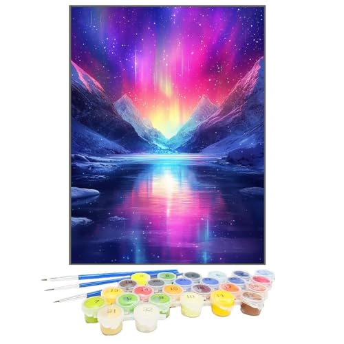 Malen Nach Zahlen Schneebedeckter Berg, Malen Nach Zahlen Kinder Aurora, DIY Paint by Numbers Adult AnfäNger Handgemalt öLgemäLde Kit Bastelset mit Pinseln und Acrylfarben für Home Decor 30x40cm YM-G von GUKUGEKO