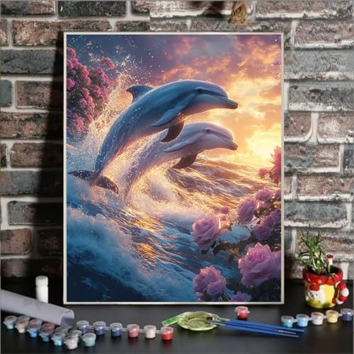 Malen Nach Zahlen Tier, Malen Nach Zahlen Kinder Delphin, DIY Paint by Numbers Adult AnfäNger Handgemalt öLgemäLde Kit Bastelset mit Pinseln und Acrylfarben für Home Decor, Ohne Rahmen 20x30cm 46-B von GUKUGEKO