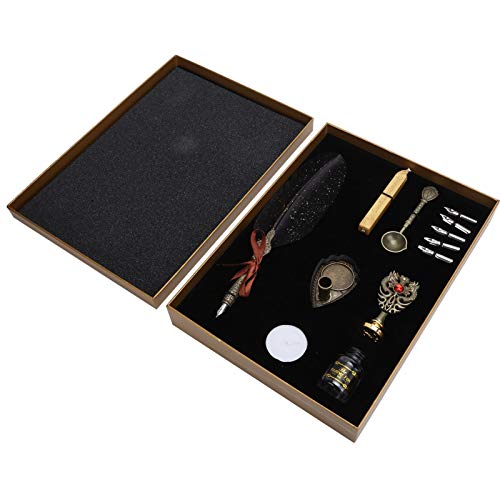 GULEEK Dip Pen European Vintage Sprinkles FEATHE R Pen Student English Dip Füllfederhalter Geschenkbox Angenehme und zarte Haptik, reibungsloses Schreiben (SP094901 espolvorear oro negro) von GULEEK