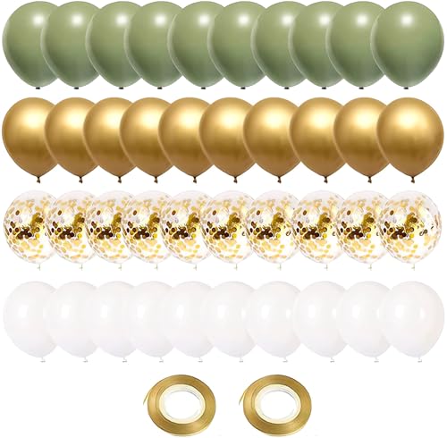 GUO-YING Ballons Olive Grün Gold Weiß 60 Stück 30cm Helium Luftballons Avocado Salbei Grün Goldene Metallic Konfetti Latex Ballons mit Band für Hochzeit Baby Shower (Olive Grün) von GUO-YING