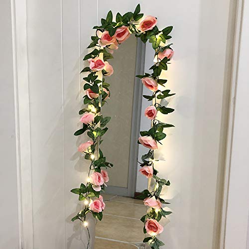 GUOCHENG 2,45 m lange Rosen-Girlande, künstliche Blumenranke mit LED-Lichterkette, Kupfer-Lichterkette für Weihnachten, Hochzeit, Party, Heimdekoration, Rouge von GUOCHENG