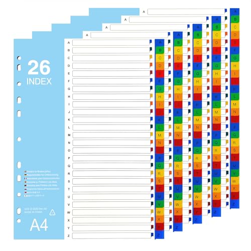 GUOKOFF A4 Ordner Register, 5 Stück A-Z Register, 26-teilige Register Farbig, Papier Trennblätter für Ordner, Ringbücher von GUOKOFF