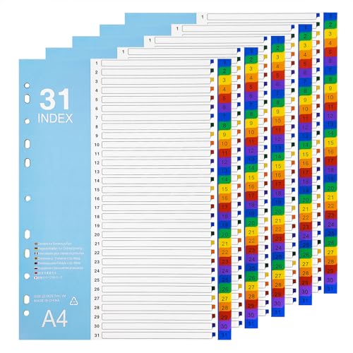 GUOKOFF Ordner Register A4, 5 Stück 1-31 Register, 31-teilige Register Farbig, Papier Trennblätter für Ordner, Ringbücher von GUOKOFF