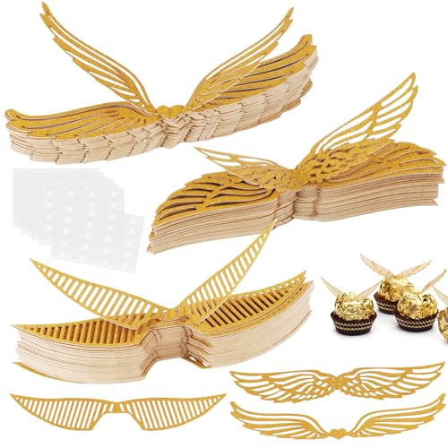 Gold Glitter Flügel 150Stk Golden Snitch Wings Schokolade Deko Mit Klebepunkt Goldene Flügel Cupcake Topper Goldene Engelsflügel Für Bonbons Kuchen Cupcakes Party Mottoparty von GUOSIYAO