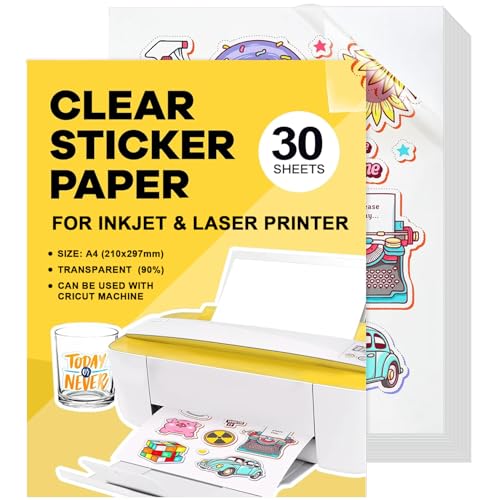 Stickerpapier Papier Zum Bedrucke 30Stk A4 Bedruckbare Klebefolie Transparent Vinyl Sticker Papier Selbstklebend Für Laserdrucker Tintenstrahldrucker Schnell Trocknen 21 x 29,7 cm von GUOSIYAO