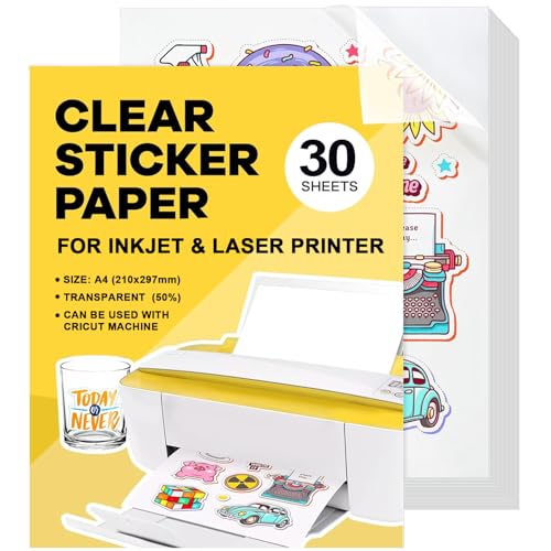 Stickerpapier Papier Zum Bedrucke 30Stk A4 Wasserdicht Bedruckbare Klebefolie Transparent Vinyl Sticker Papier Selbstklebend Für Laserdrucker Tintenstrahldrucker Schnell Trocknen 21 x 29,7 cm von GUOSIYAO