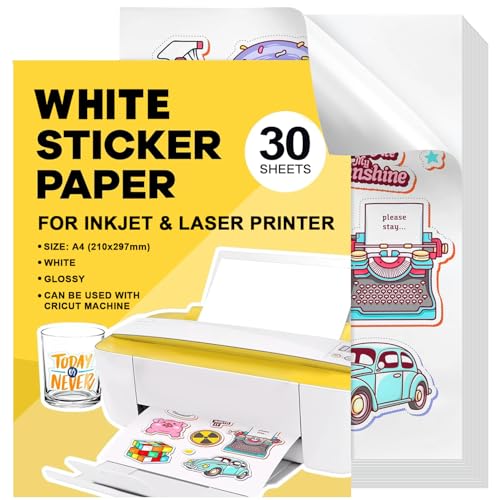 Stickerpapier Papier Zum Bedrucke 30Stk A4 Weiß Wasserdicht Bedruckbare Klebefolie Papier Selbstklebend Für Laserdrucker Tintenstrahldrucker Schnell Trocknen 21 x 29,7 cm von GUOSIYAO