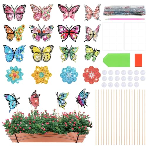 GUOYIHUA 20 Stück Diamond Painting Schmetterling Set, Gartendekoration Diamond Painting Zubehör, Enthält 16 Schmetterlinge und 4 Blumen Diamond Painting Deko für Desktop-Topfpflanze Dekoration von GUOYIHUA