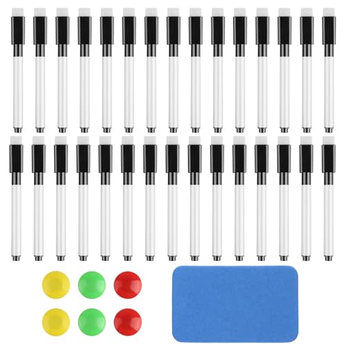 GUOYIHUA Whiteboard Marker, 30 Stück Folienstift Abwischbar, Schwarz Whiteboard Stifte, Whiteboard Marker Magnetisch mit Schwamm/Magnete für Whiteboards Memoboard Pinnwand Flipchart Marker von GUOYIHUA