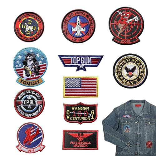 GUOYOU 11 Stück USA Flagge Maverick Aufnäher zum Aufbügeln, Top Gun Patches Bestickt, Air Force Navy Marine Army Jacke Tactical Military Logo Dekorative Applikation für Kleidung Jacke Jeans von GUOYOU