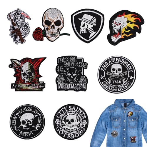 GUOYOU 9 Stück Schädel Aufnäher Patches, Totenköpfe Patches zum Aufnähe, Flicken zum Aufbügeln, Totenkopf Bestickte Aufnäher DIY Bügelflicken Bügelbilder für Aufnähen auf Kleidung Kleid Jeans Cap von GUOYOU