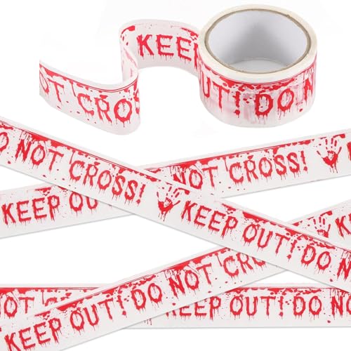 GUOYOU Halloween Absperrband Rot Weiß,25 M X 4,8 cm Flatterband Halloween Warnband Caution Horror Tape Krimi Scene Deko,für Halloween Kostüme Partys tür Zombies Vampire Fenster Garten Freien Bar von GUOYOU