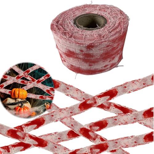 GUOYOU Deko Blutige Gaze Dekoration 8 cm X 10 m weißes Horror-Tuch Mit Blutigen Handabdrücken Gruseliges,Kriechende Geisterpropie Party Decor von GUOYOU