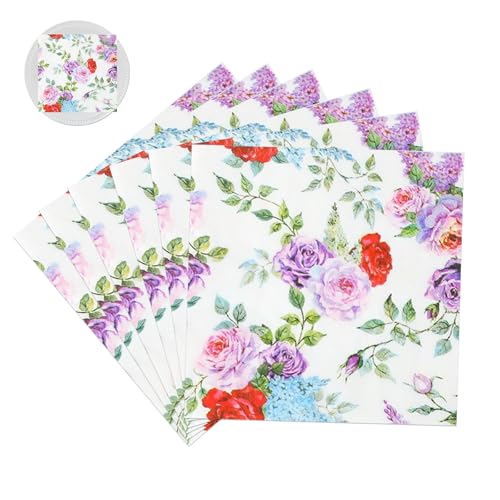 GUOYOU Servietten, 60 Stücke Papierservietten mit Blumen Motiv(33x33cm), Geburtstag Servietten Tisch Deko für Hochzeit, Kommunion, Konfirmation, Taufe von GUOYOU