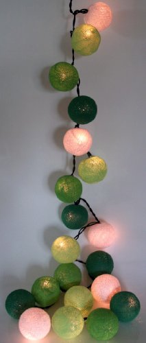 GURU SHOP Stoff Ball Lichterkette LED Kugel Lampion Lichterkette - Grün/weiß, Baumwollfäden, 7x7x350 cm, Lichterketten von GURU SHOP