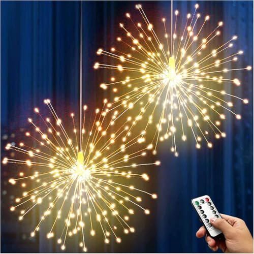 GUSHE Hanging Twinkle Lights,Hanging Fairy Lights for Christmas,120 LED Starburst Lampe,Hängende Feuerwerk Lichterkette,Wasserdicht Weihnachten Lichterketten mit Fernbedienung (Warm, Solar) von GUSHE