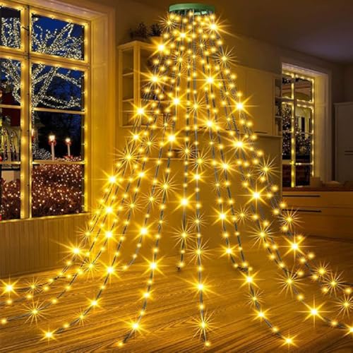 GUSHE Weihnachtsbaum-Wasserfalllichter mit Ring, Weihnachtsbaum Lichterkette, LED Christbaumbeleuchtung Dekor mit Fernbedienung, IP65 Wasserdicht Lichterkette Weihnachtsbeleuchtung Innen Außen (Warm) von GUSHE