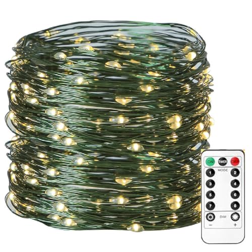 LED Waterproof Fairy String Lights with Remote,LED Lichterkette aus Grün Kupferdraht mit Fernbedienung,Weihnachtsbaum Lichterkette Außen,8 Modi Wasserdicht für Hochzeit Party Garten (20M-Warm) von GUSHE