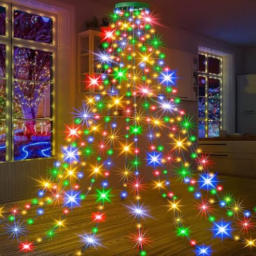 Weihnachtsbaum-Wasserfalllichter mit Ring, Weihnachtsbaum Lichterkette, LED Christbaumbeleuchtung Dekor mit Fernbedienung, IP65 Wasserdicht Lichterkette Weihnachtsbeleuchtung Innen Außen (Colorful) von GUSHE