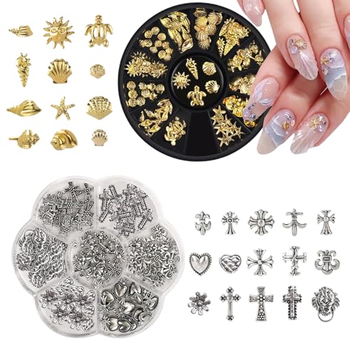 GUTERTOP 2 Kartons 3D Nail Art Charms, Gold Seesterne Shell Nail Art Dekoration, Kreuz, verchromtes Metall Nail-Art-Charm mit Gothic-Retro-Punk-Herzen und TotenköpfenNagel Deko, Schleifen für Nägel von GUTERTOP