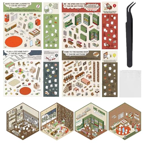 GUTERTOP 4 Sets 3D Sticker Scene, Lustige Diy-Room Sticker Book, Sticker Scene Machen Sie Ihren Eigenen Supermarkt, Restaurant, Buchhandlung, Geeignet für Kinder um Stress Abzubauen von GUTERTOP