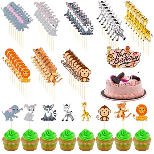 65 Stück Jungle Safari Animal Cupcake Toppers Tier Thema Kuchen Dekorationen Waldtiere Happy Birthday Tortendeko Für Kinder Geburtstag Babydusche Partyzubehör von GUUFOO