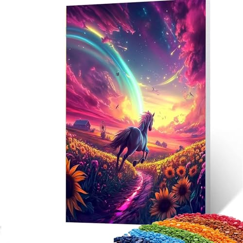 5D Diamond Painting Kinder Horse, Diamond Painting Erwachsene Sonnenblume Bastelset Erwachsene Malen nach Zahlen mit Diamant 90x120cm,Crystal Art Kreatives für Mädchen,Geschenke für Frauen 0/5607 von GUUOYUAL