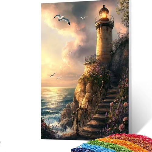 5D Diamond Painting Kinder Leuchtturm, Diamond Painting Erwachsene Blume Bastelset Erwachsene Malen nach Zahlen mit Diamant 30 x 40cm, Crystal Art Kreatives für Mädchen und Geschenke für Frauen GYL513 von GUUOYUAL