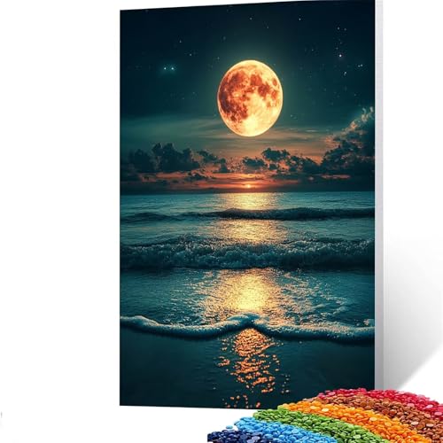 5D Diamond Painting Kinder Mond, DIY Diamant Painting Bilder Meerblick, Bastelset Erwachsene Enthält Ein Komplettes Set Diamond Painting Zubehör für Deko Wohnzimmer, Geschenk 100 x 135 CM GYL479 von GUUOYUAL