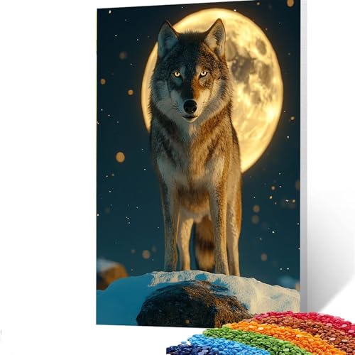 5D Diamond Painting Kinder Mond, DIY Diamant Painting Bilder Wolf, Bastelset Erwachsene Enthält Ein Komplettes Set Diamond Painting Zubehör 40 x 55cm für Deko Wohnzimmer, Geschenk für Frauen K/408-2 von GUUOYUAL