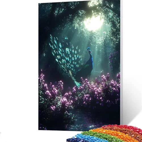 5D Diamond Painting Kinder Pfau, DIY Diamant Painting Bilder Blume, Bastelset Erwachsene Enthält Ein Komplettes Set Diamond Painting Zubehör für Deko Wohnzimmer, Geschenk für Frauen 40 x 55 cm GYL629 von GUUOYUAL