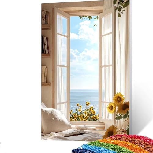 5D Diamond Painting Kinder Sonnenblume, DIY Diamant Painting Bilder Fensterbank, Bastelset Erwachsene Enthält Ein Komplettes Set Diamond Painting Zubehör für Deko Wohnzimmer, Geschenk 60 x 80 CM GYL63 von GUUOYUAL