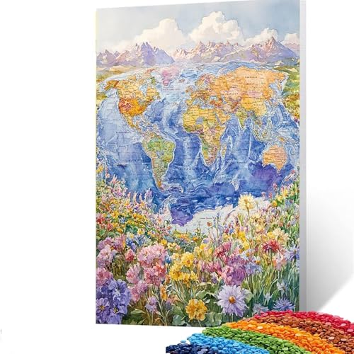 5D Diamond Painting Kinder Weltkarte, Diamond Painting Erwachsene Blume Bastelset Erwachsene Malen nach Zahlen mit Diamant 70x95cm,Crystal Art Kreatives für Mädchen,Geschenke für Frauen,Wand Deko L/38 von GUUOYUAL