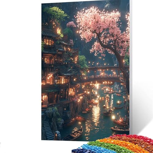 5d Diamond Painting Landschaft, DIY Set Erwachsene Full Dril Kirschblüten Diamant Painting Bilder, Malen Nach Zahlen 90 x 120 cm Bastelset Kinder Ab 6 Jahre Crystal art leinwand zum Wand Deko GYL587 von GUUOYUAL