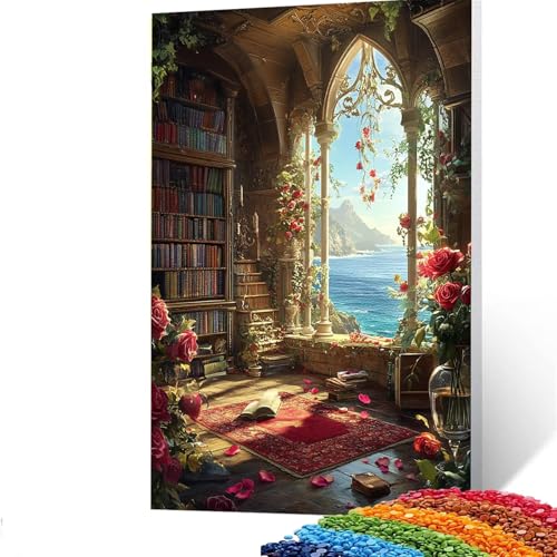 5d Diamond Painting Zubehör Bücherregal, DIY Set Erwachsene Full Dril Meerblick Diamant Painting Bilder, Malen Nach Zahlen 50x70cm Bastelset Kinder Ab 6 Jahre Crystal art leinwand zum Bemalen G/123-3 von GUUOYUAL