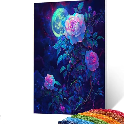 Diamond Painting Erwachsene Mond, Vollbohrer Diamant Malerei Blume, DIY Bastelset Erwachsene Diamant Painting Bilder Kinder 40x55 cm für Wohnzimmer Schlafzimmer Wanddeko, Geschenke für Frauen V/586-2 von GUUOYUAL