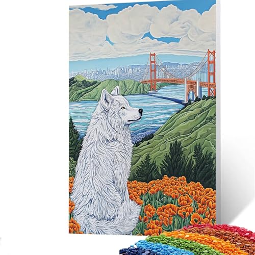 Golden Gate Bridge Diamond Painting Erwachsene, 5D Wolf Diamant Painting Bilder Kinder, DIY Vollbohrer Diamanten Malerei Stickerei Set Kreuzstich Basteln Erwachsene, für Home Wand Dekor 50x70cm GYL130 von GUUOYUAL