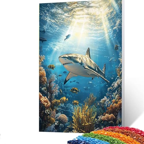 Hai Diamond Painting Erwachsene, 5D Fisch Diamant Painting Bilder Kinder, DIY Vollbohrer Diamanten Malerei Stickerei Set Kreuzstich Basteln Erwachsene, für Geschenke Home Wand Dekor 90 x 120 CM 0/14-7 von GUUOYUAL