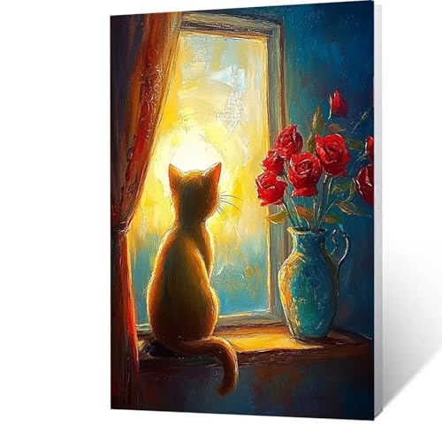 Malen Nach Zahlen Erwachsene Blume -AnfäNger -kinder -Leinwand zum Bemalen Und Pinsel Und Acrylfarben Set, Malen Nach Zahlen Katze Diy Handgemalt öLgemäLde Kit Als Geschenke für Männer 40x55cm J-0-8 von GUUOYUAL