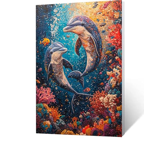 Malen Nach Zahlen Erwachsene Kinder Anfänger Fisch DIY Handgemalt Ölgemälde auf Leinwand Kit für Home Deko oder Geburtstag Weihnachten Geschenk für Männer Mit Acrylfarben Pinsel Delphin 90x120cm 9-G-D von GUUOYUAL