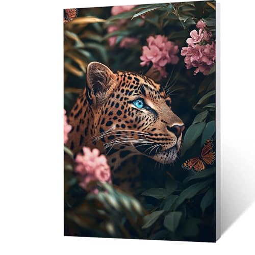 Malen Nach Zahlen Erwachsene Kinder Anfänger Leopard DIY Handgemalt Ölgemälde auf Leinwand Kit für Home Deko oder Geburtstag Weihnachten Geschenk für Männer Mit Acrylfarben Pinsel Blume 25x35cm X-1-5 von GUUOYUAL