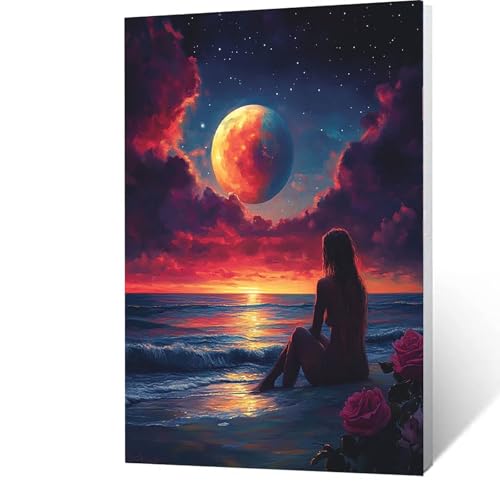 Malen Nach Zahlen Erwachsene Kinder Anfänger Mond DIY Handgemalt Ölgemälde auf Leinwand Kit für Home Deko oder Geburtstag Weihnachten Geschenk für Männer Mit Acrylfarben Pinsel Strand 90x120cm J-1-5 von GUUOYUAL