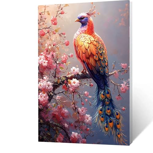 Malen Nach Zahlen Erwachsene Kinder Anfänger Pfau DIY Handgemalt Ölgemälde auf Leinwand Kit für Home Deko oder Geburtstag Weihnachten Geschenk für Männer Mit Acrylfarben Pinsel Blume 90x120cm B-0-I von GUUOYUAL