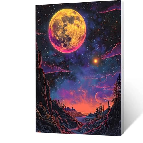 Malen Nach Zahlen Erwachsene Kinder Anfänger Sternenhimmel DIY Handgemalt Ölgemälde auf Leinwand Kit für Home Deko oder Geburtstag Weihnachten Geschenk Mit Acrylfarben und Pinsel Mond 50x70cm 2-6- 8 von GUUOYUAL