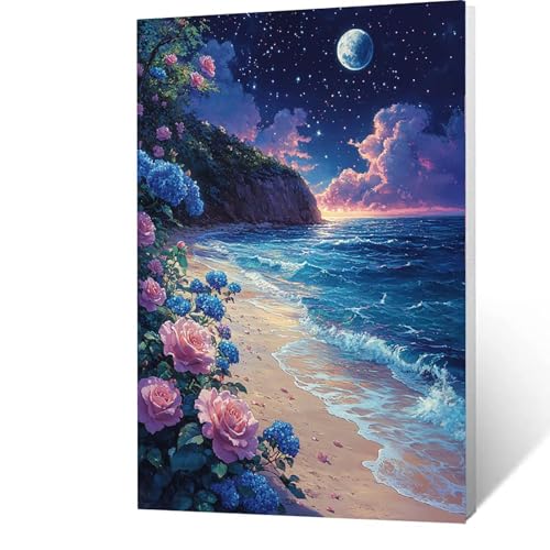 Malen Nach Zahlen Erwachsene Kinder Anfänger Sternenhimmel DIY Handgemalt Ölgemälde auf Leinwand Kit für Home Deko oder Geburtstag Weihnachten Geschenk Mit Acrylfarben und Pinsel Strand 90x120cm K-4-8 von GUUOYUAL