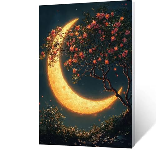 Malen nach Zahlen Erwachsene 50x70cm Bastelset, DIY Baum Malen Nach Zahlen Kinder mit Pinseln und Acrylfarben – Mond Handbemalt leinwand bilder für Zimmer Deko, Geschenk für Männer (ohne Rahmen) O-G-2 von GUUOYUAL