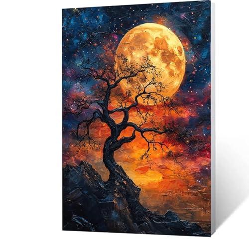 Malen nach Zahlen Erwachsene 90x120cm Bastelset, DIY Mond Malen Nach Zahlen Kinder mit Pinseln und Acrylfarben – Baum Handbemalt leinwand bilder für Zimmer Deko, Geschenk für Männer ohne Rahmen B-1-2 von GUUOYUAL