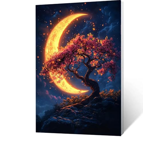 Malen nach Zahlen Erwachsene Mond Malen nach Zahlen Kinder Baum, DIY Handgemalt Ölgemälde Mit Drei Arten Pinsel und Acrylfarben Leinwand zum Bemalen, für Deko Wohnzimmer, Geschenke 30x40cm 9-0- H von GUUOYUAL