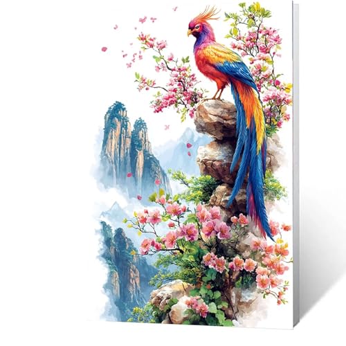 Malen nach Zahlen Erwachsene Pfau Malen Nach Zahlen ab 7 Jahre Mädchen, Berg DIY Paint by Number Adult Bastelset Mit Leinwand Zum Bemalen Drei Arten Pinsel Acrylfarben Set Zimmer Deko 35x50cm 2-4-Z von GUUOYUAL