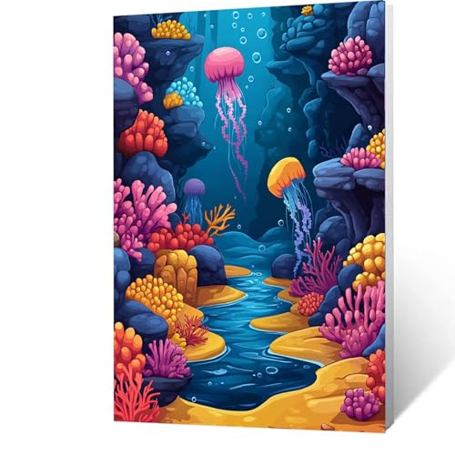 Malen nach Zahlen Erwachsene Qualle Malen Nach Zahlen ab 7 Jahre Mädchen, Meer DIY Paint by Number Adult Bastelset Mit Leinwand Zum Bemalen Drei Arten Pinsel Acrylfarben Set Zimmer Deko 35x50cm A-8-8 von GUUOYUAL